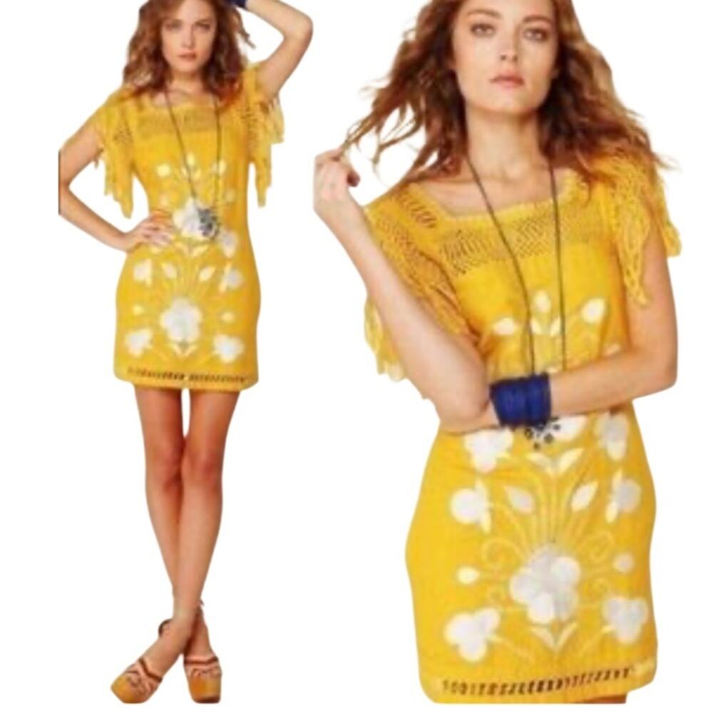 Free People Mustard Crochet Embroidered Dress Size 2